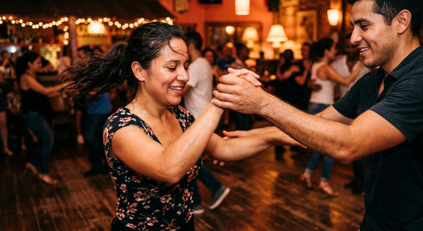 Salsa dancers mid-turn — muscle memory in action
