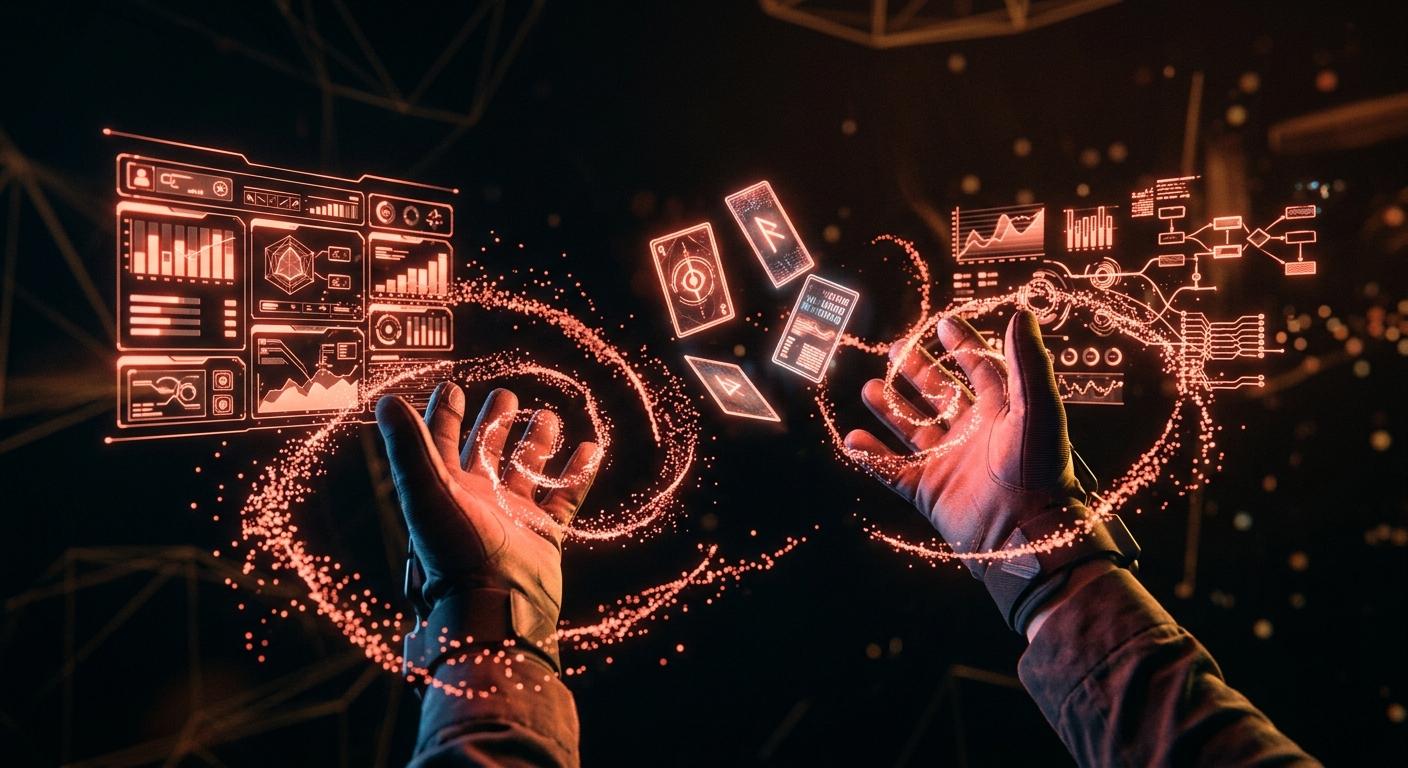 Hands conjuring holographic artifacts in virtual space