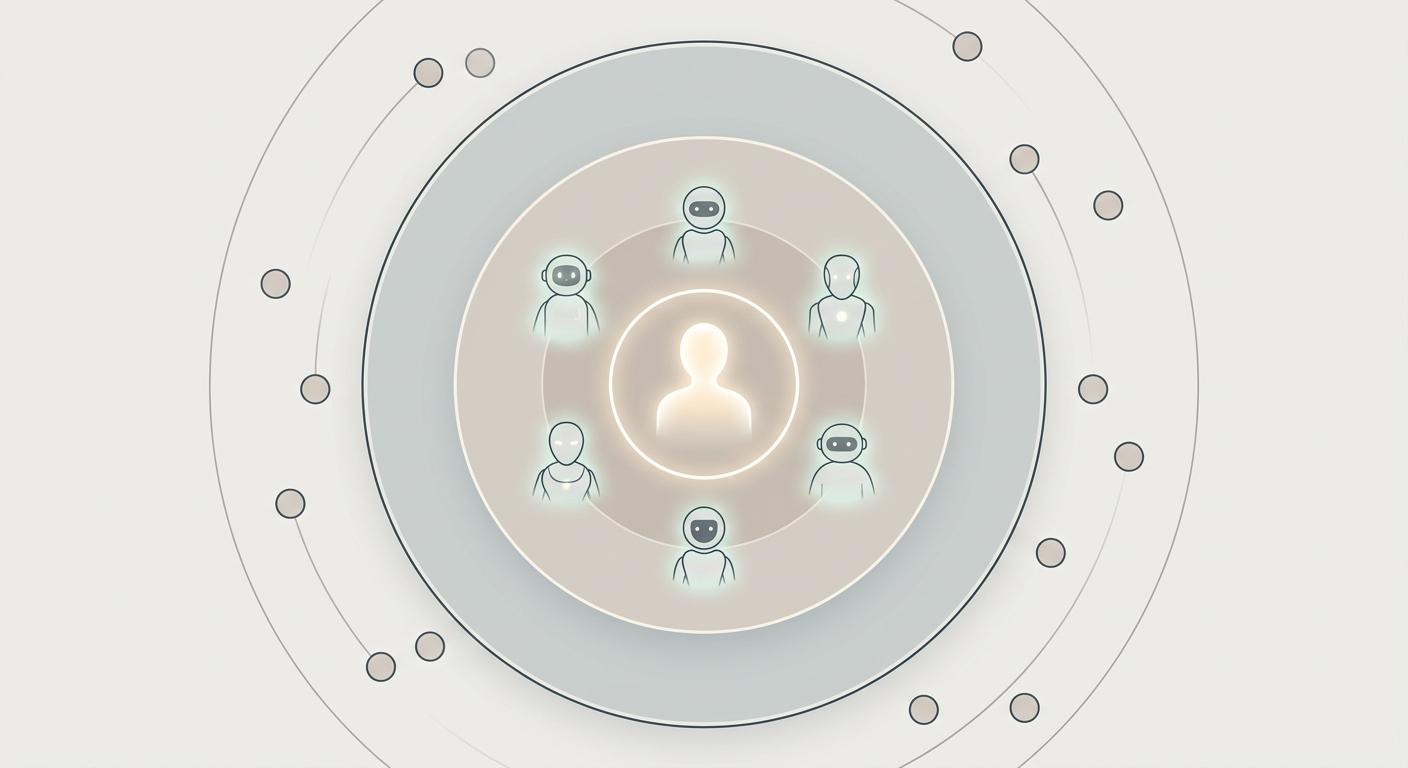 Layered AI identity model: avatar in the center, agents around it, then organization, then projects